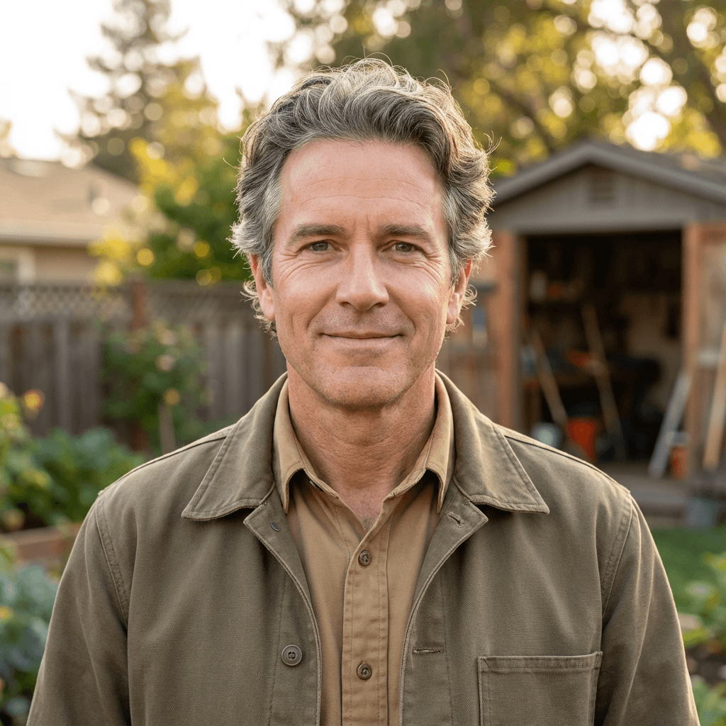 Male homeowner in his 50s standing outside a renovated house