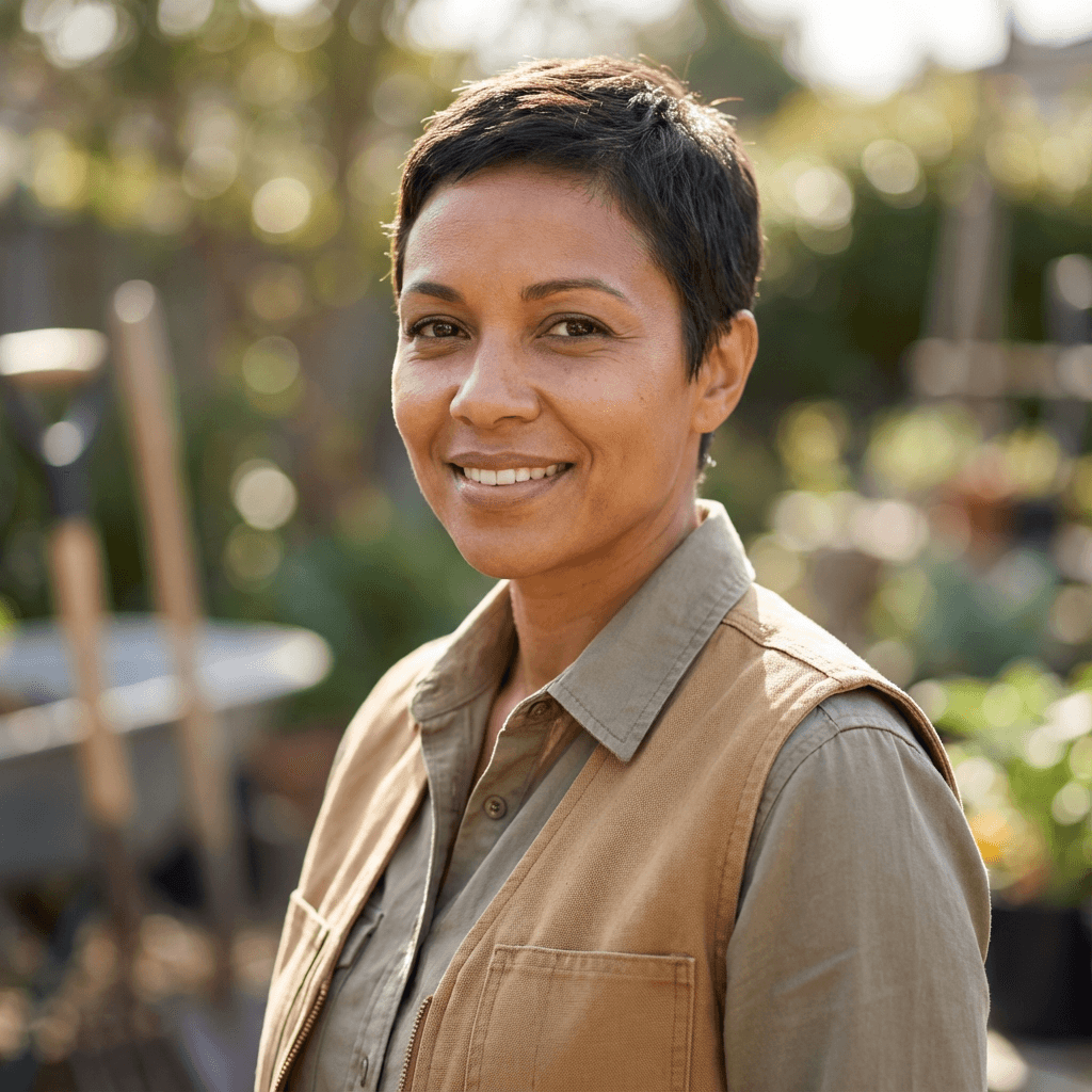 Smiling female homeowner in her 40s in a modern kitchen