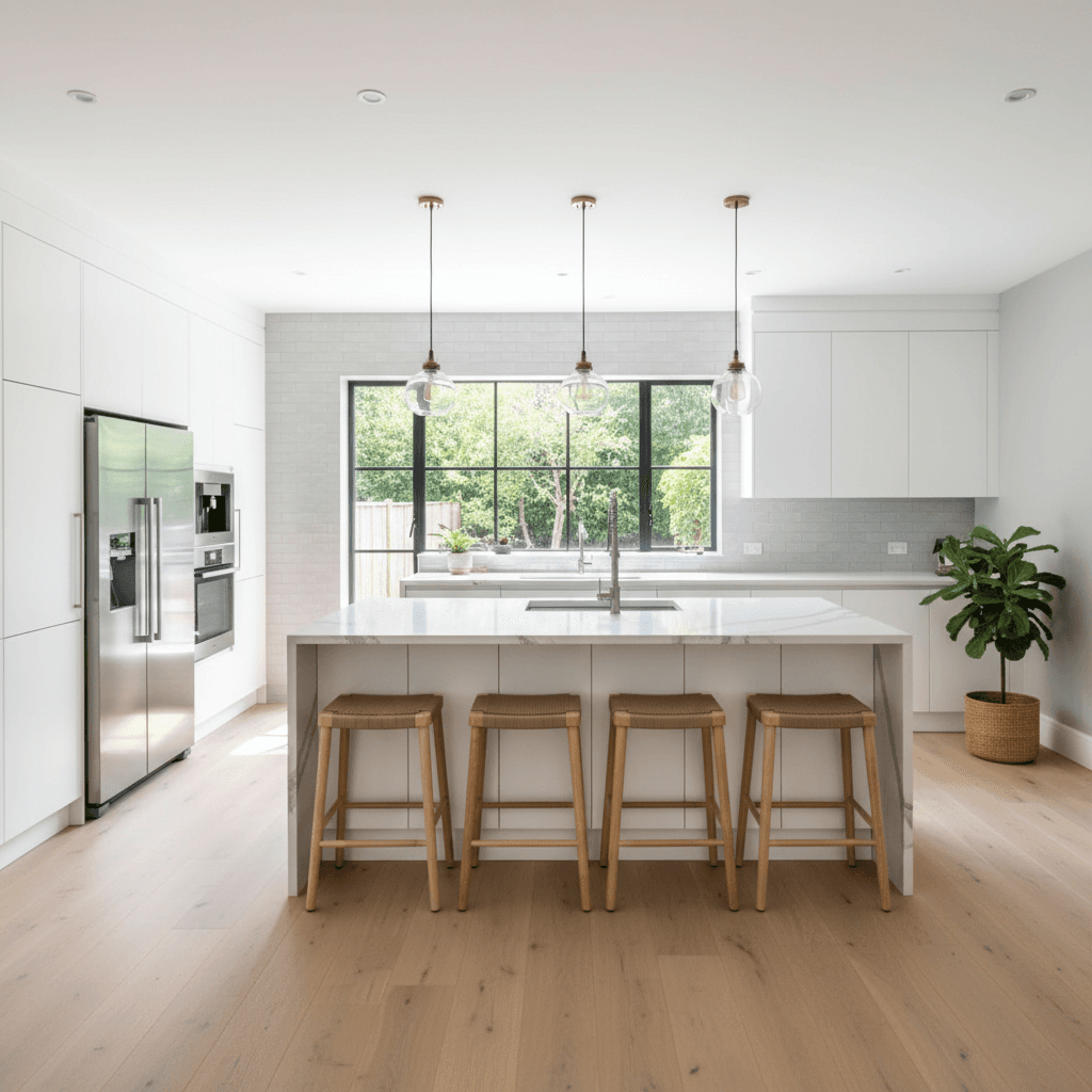 Modern renovated kitchen with new cabinets and countertops