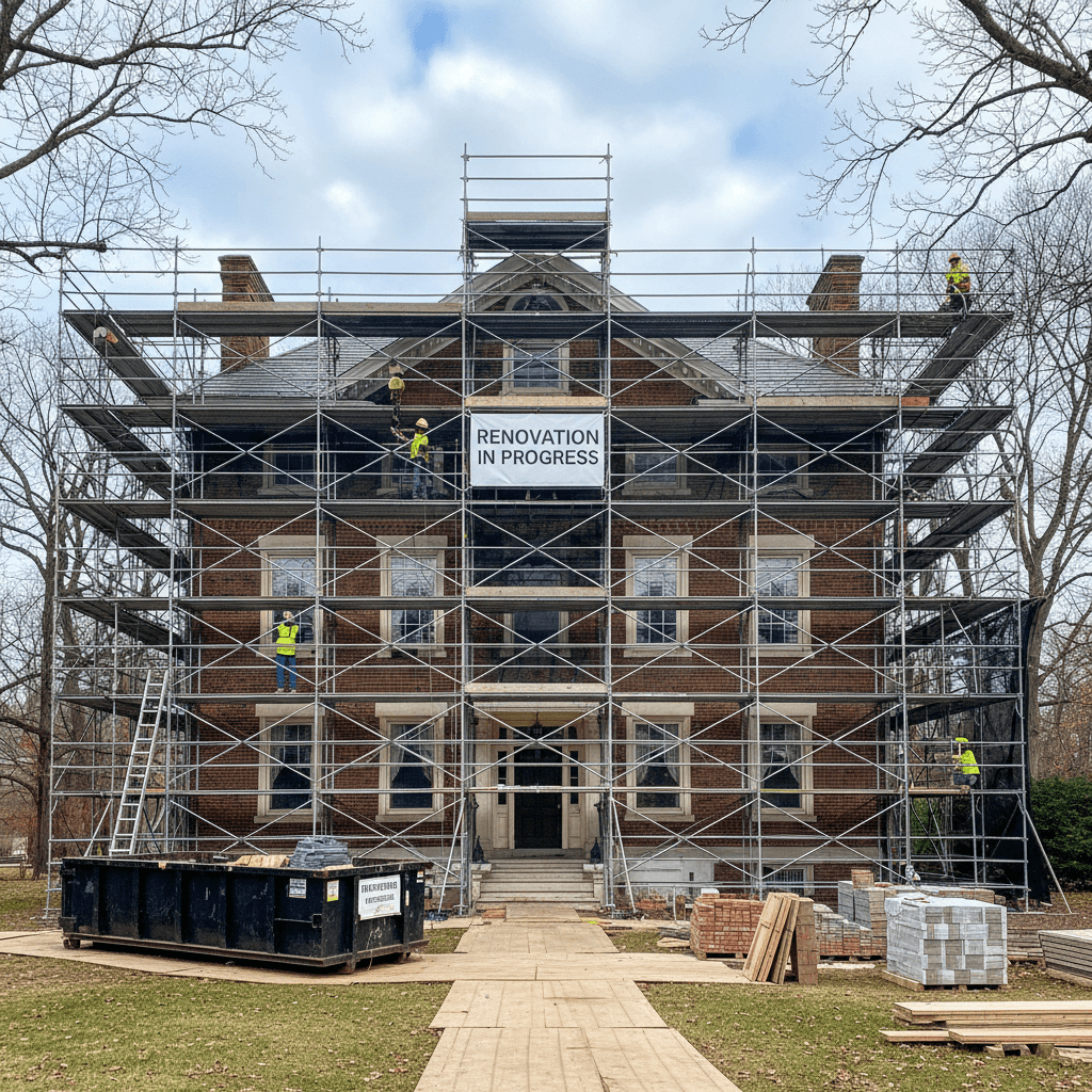 Brick house being renovated with scaffolding against the wall