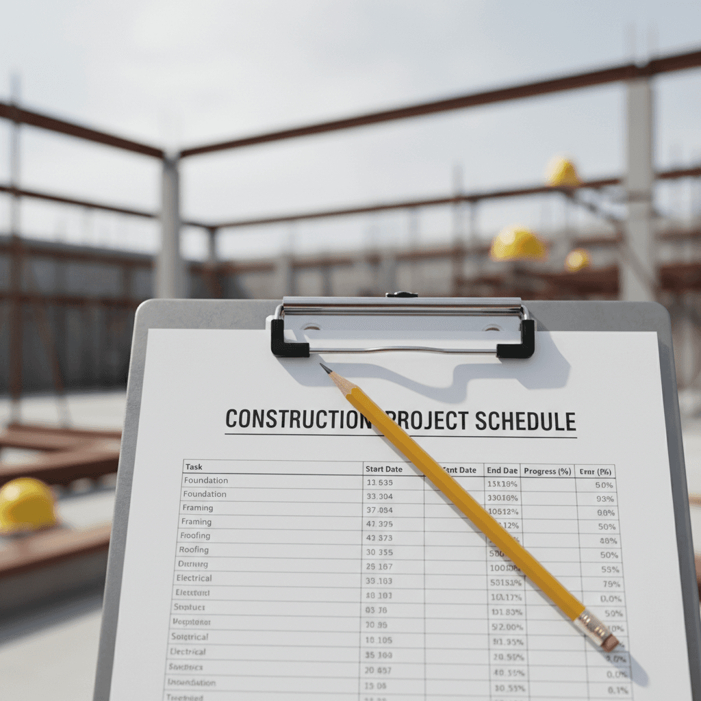 Clipboard with a work schedule being reviewed by a builder