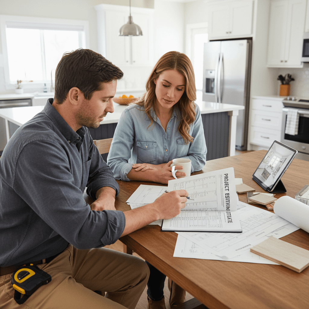Contractor showing a written quote to a homeowner at a table