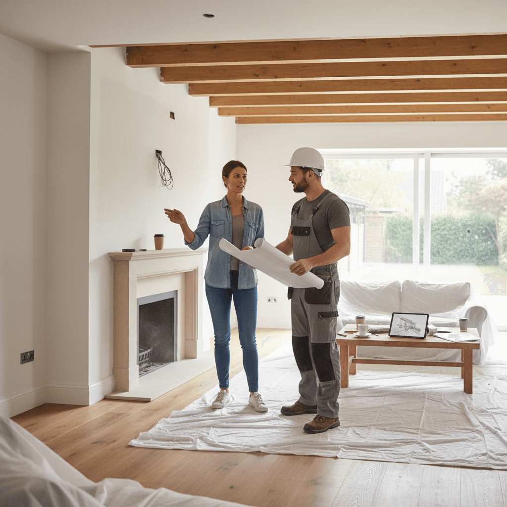 Builder and homeowner talking about progress inside a home