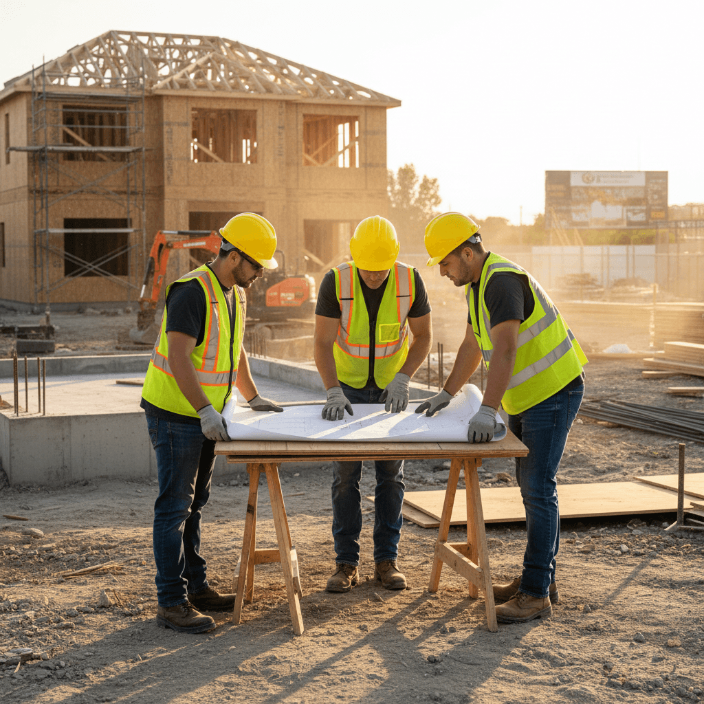 Two builders in hard hats checking blueprints at a house