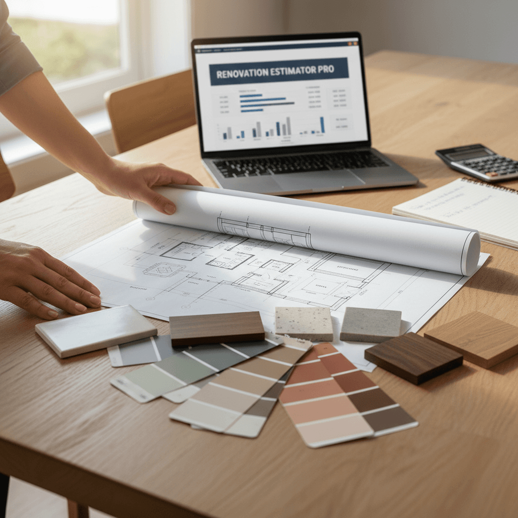 builder showing estimate document to couple at kitchen table
