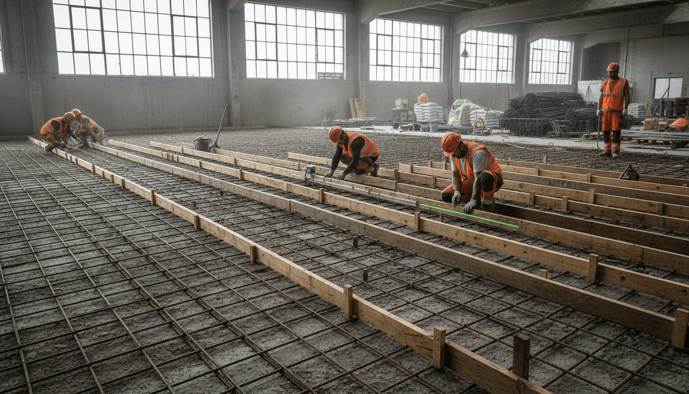 orderly construction site with tools neatly arranged and covered floors
