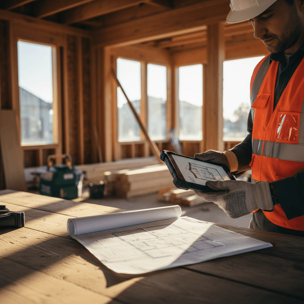 Construction worker reviewing blueprints at a home renovation site