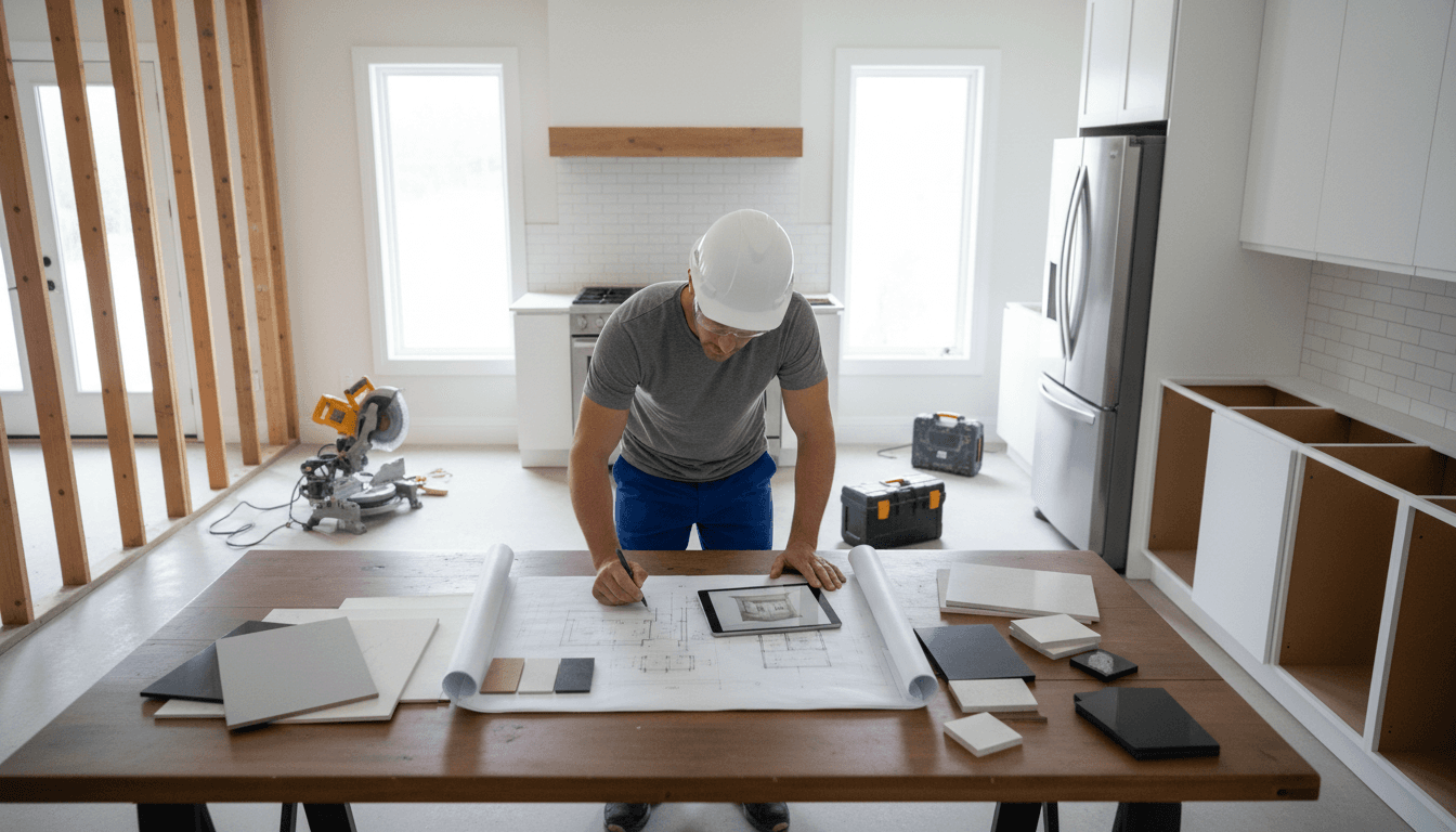 contractor discussing renovation plans with homeowner in bright kitchen