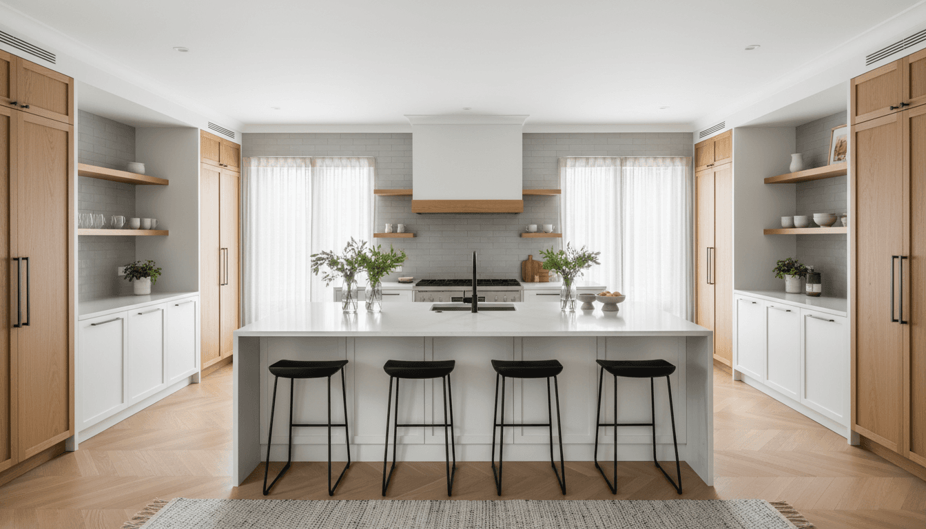 modern renovated kitchen with new cabinets and island counter